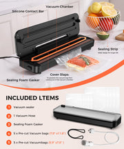Vacuum Sealer Machine 75KPa, 6-in-1 Dry/Moist Modes, Digital Timer | Compact & lightweight body | Effortless one-touch operation | Extends food freshness 8 times longer Black Silver