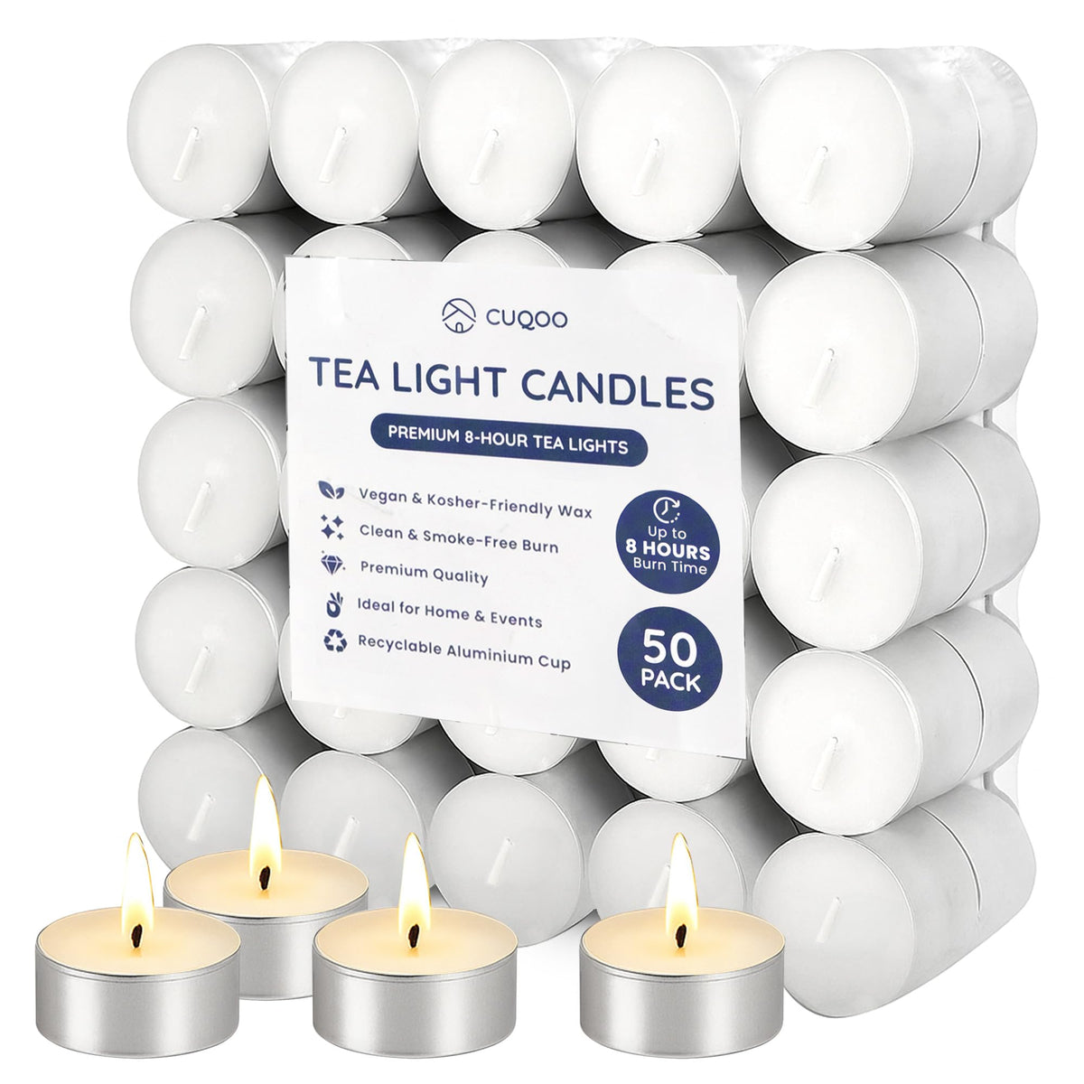 CUQOO Tea Lights Candles 50 Pack | 8 Hour Burn Unscented Tealights White | SMOKELESS WAX BURNER: long lasting · t lights · vegan · cotton wick · wedding decor · spa · religious