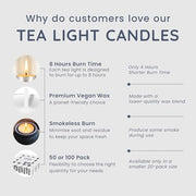 CUQOO Tea Lights Candles 50 Pack | 8 Hour Burn Unscented Tealights White | SMOKELESS WAX BURNER: long lasting · t lights · vegan · cotton wick · wedding decor · spa · religious