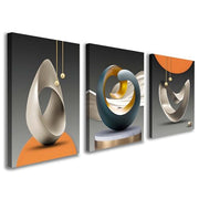 Set of 3 Canvas Wall Art, Modern Abstract Geometric Artwork for Living Room, Luxury Blue Gold and Orange Wall Decoration for Bedroom, Hallway or Staircase with Hooks and Magic Tape, 12x16 Inch