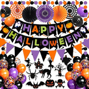 Fecedy Happy Halloween Banner Triangular bunting Paper flower fans Circle garland Latex balloons Swirls for Halloween Party decoration Indoor Outdoor Wall Door Decoration
