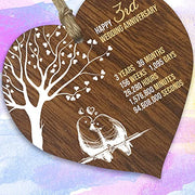 3rd Wedding Anniversary Wooden Heart Plaque, Dark Wood Sign Keepsake | Celebrate Leather Anniversary Wife or Husband Boyfriend Girlfriend, Plaque with Quotes Gifts from the Kids