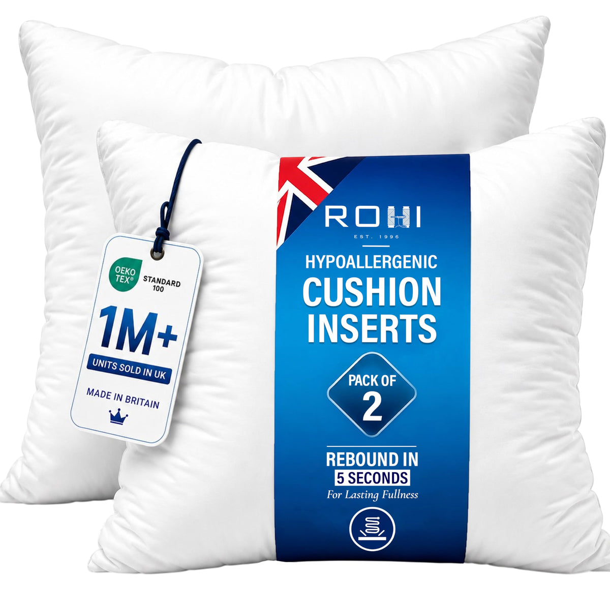 Rohi Set of 2 Hypoallergic Cushion Inner Pads (Pack of 2) 18" x 18" (45cm x 45cm) Cushion Insert Decorative Square Pillow Stuffer for Sofa Couch Cushions