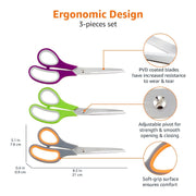 Amazon Basics All-Purpose Office Scissors, Stainless Steel, Soft Grip, Pack of 3, Multicolor