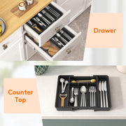 Lifewit Expandable Cutlery Drawer Organiser, 5-7 Compartments Utensil Tray | Adjustable Kitchen Drawer Dividers for Spoons Forks Knives, Plastic Storage Holder, 22-36 x 30cm, Small, Black
