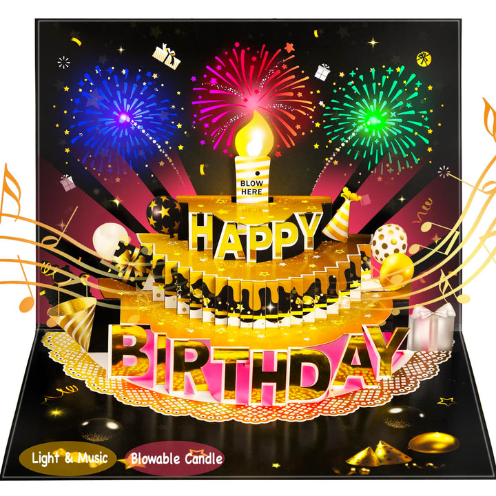 Bevbovcard Pop Up Birthday Cards for Men, LED Light & Music Blow The Candle | 3D Balloons, Singing Happy Birthday gifts Card for Husband - Women, Kids, Son, Her, & Dad